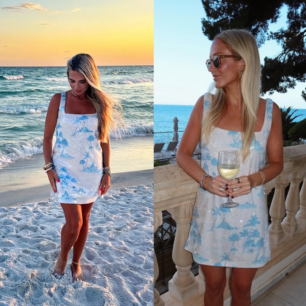 Gianni Bini White Dress with Light Blue Palm Print